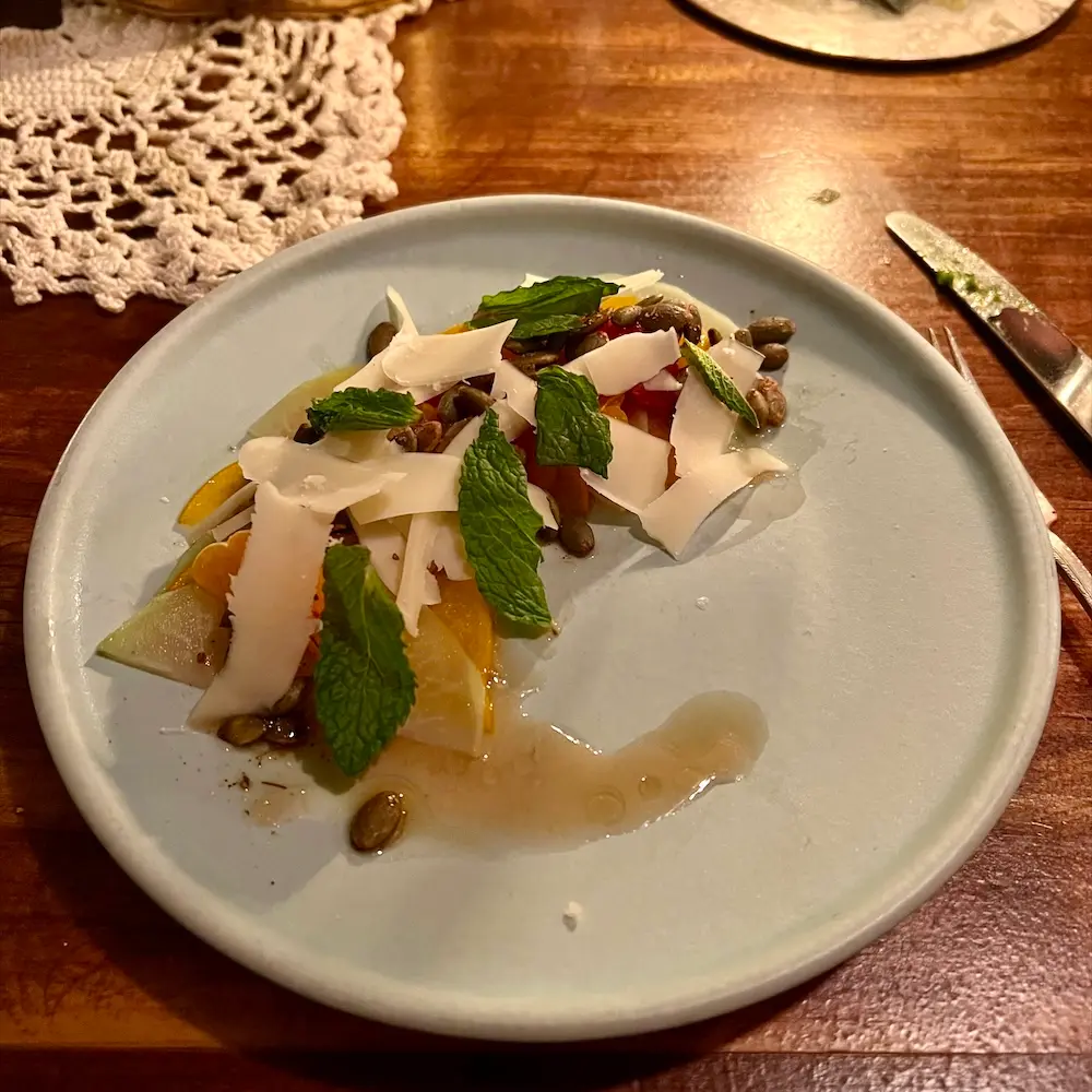 Citrus, Persimmon And Kohlabri, Jerk Spiced Pepitas, Ewephoria Cheese, Mint